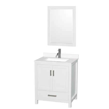 A large image of the Wyndham Collection WCS141430S-QTZ-UNSM24 White / White Quartz Top / Brushed Chrome Hardware