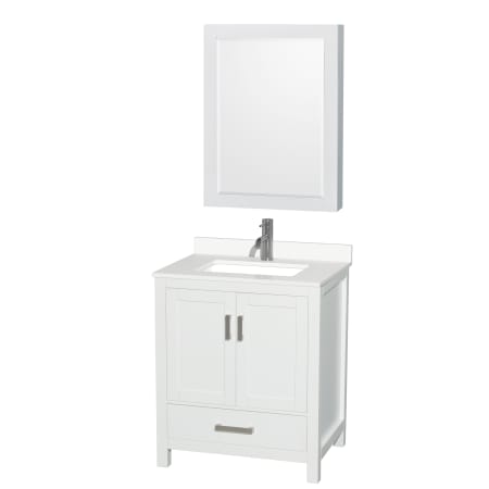 A large image of the Wyndham Collection WCS141430S-QTZ-UNSMED White / White Quartz Top / Brushed Chrome Hardware