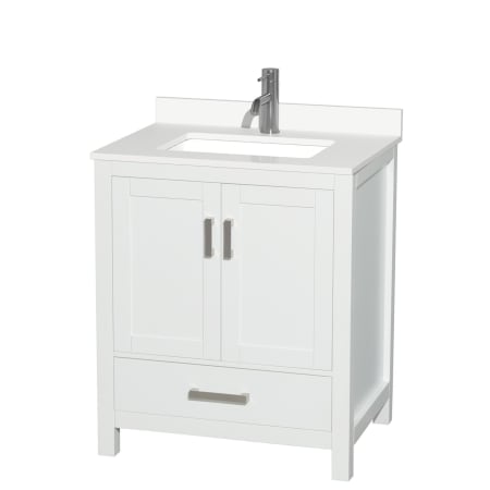 A large image of the Wyndham Collection WCS141430S-QTZ-UNSMXX White / White Quartz Top / Brushed Chrome Hardware