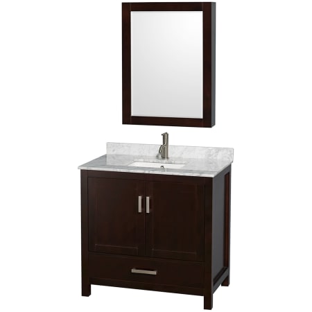 A large image of the Wyndham Collection WCS141436SUNSMED Espresso / White Carrara Marble Top / Brushed Chrome Hardware