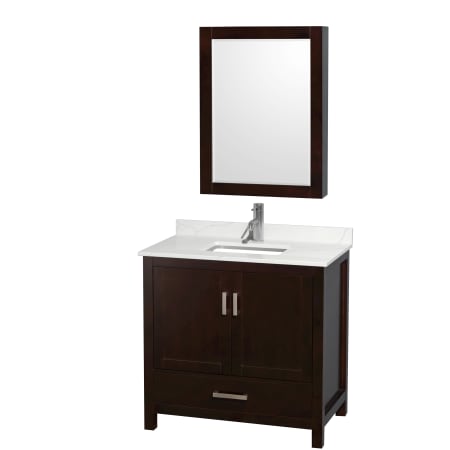 A large image of the Wyndham Collection WCS141436S-QTZ-UNSMED Espresso / Giotto Quartz Top / Brushed Chrome Hardware