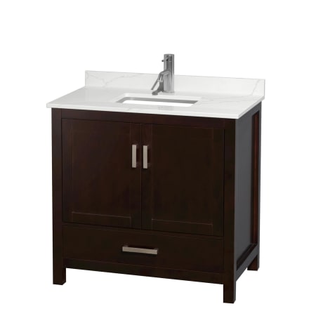 A large image of the Wyndham Collection WCS141436S-QTZ-UNSMXX Espresso / Giotto Quartz Top / Brushed Chrome Hardware