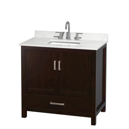 A large image of the Wyndham Collection WCS141436S-QTZ-US3MXX Espresso / Giotto Quartz Top / Brushed Chrome Hardware