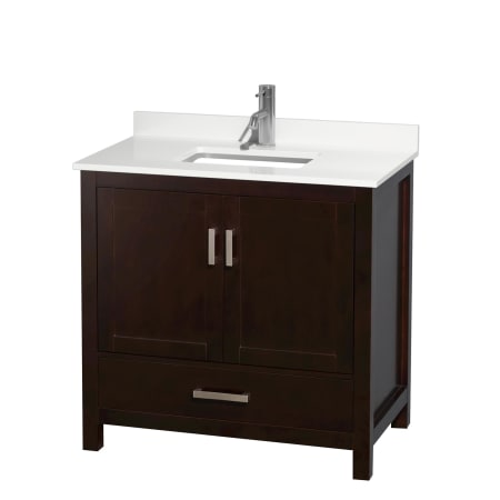 A large image of the Wyndham Collection WCS141436S-QTZ-UNSMXX Espresso / White Quartz Top / Brushed Chrome Hardware