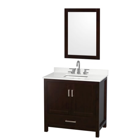 A large image of the Wyndham Collection WCS141436S-QTZ-US3M24 Espresso / White Quartz Top / Brushed Chrome Hardware