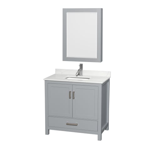 A large image of the Wyndham Collection WCS141436S-QTZ-UNSMED Gray / Giotto Quartz Top / Brushed Chrome Hardware