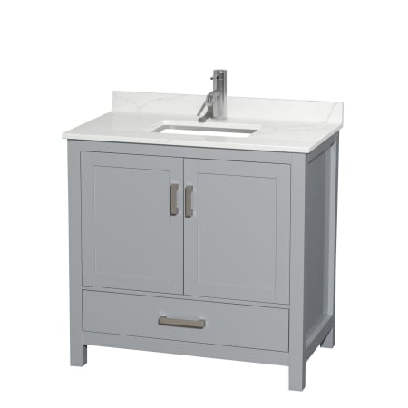 A large image of the Wyndham Collection WCS141436S-QTZ-UNSMXX Gray / Giotto Quartz Top / Brushed Chrome Hardware