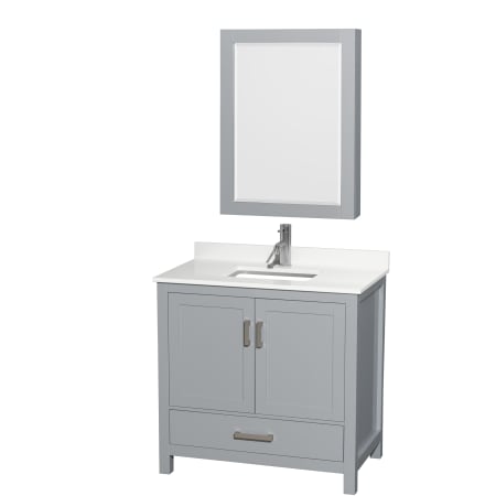 A large image of the Wyndham Collection WCS141436S-QTZ-UNSMED Gray / White Quartz Top / Brushed Chrome Hardware