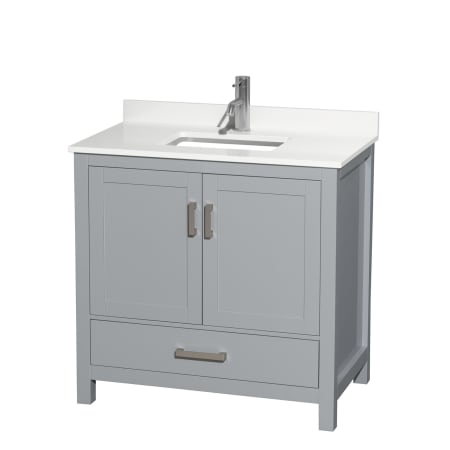 A large image of the Wyndham Collection WCS141436S-QTZ-UNSMXX Gray / White Quartz Top / Brushed Chrome Hardware