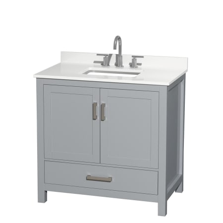 A large image of the Wyndham Collection WCS141436S-QTZ-US3MXX Gray / White Quartz Top / Brushed Chrome Hardware