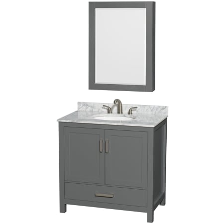 A large image of the Wyndham Collection WCS141436SUNOMED Dark Gray / White Carrara Marble Top / Brushed Chrome Hardware