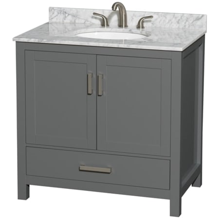 A large image of the Wyndham Collection WCS141436SUNOMXX Dark Gray / White Carrara Marble Top / Brushed Chrome Hardware