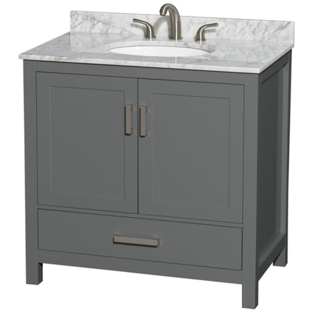 A large image of the Wyndham Collection WCS141436SUNOMXX Dark Gray / White Carrara Marble Top / Brushed Chrome Hardware
