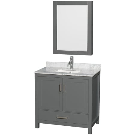A large image of the Wyndham Collection WCS141436SUNSMED Dark Gray / White Carrara Marble Top / Brushed Chrome Hardware