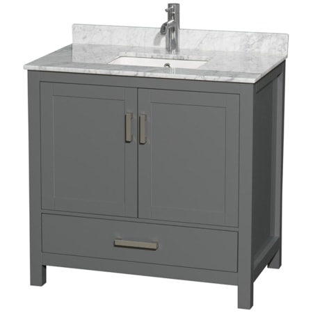A large image of the Wyndham Collection WCS141436SUNSMXX Dark Gray / White Carrara Marble Top / Brushed Chrome Hardware