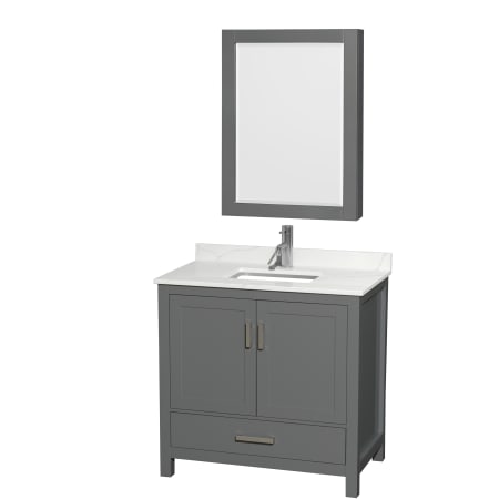 A large image of the Wyndham Collection WCS141436S-QTZ-UNSMED Dark Gray / Giotto Quartz Top / Brushed Chrome Hardware