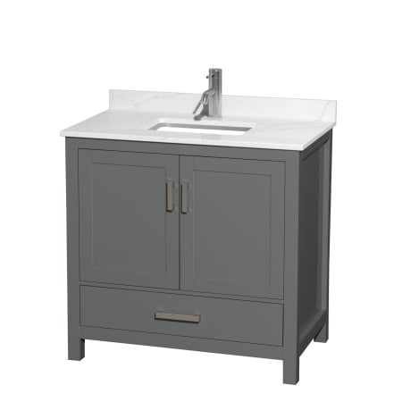 A large image of the Wyndham Collection WCS141436S-QTZ-UNSMXX Dark Gray / Giotto Quartz Top / Brushed Chrome Hardware