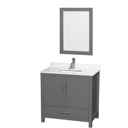 A large image of the Wyndham Collection WCS141436S-QTZ-UNSM24 Dark Gray / White Quartz Top / Brushed Chrome Hardware