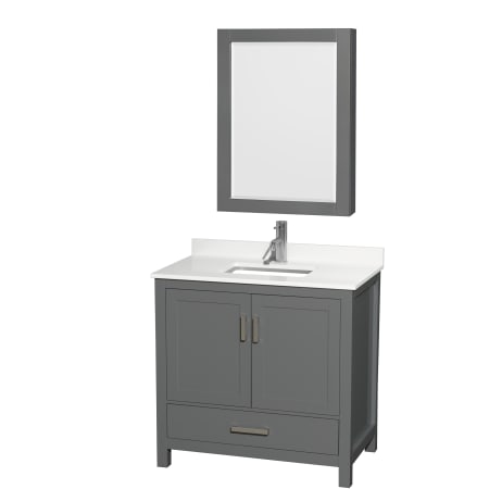 A large image of the Wyndham Collection WCS141436S-QTZ-UNSMED Dark Gray / White Quartz Top / Brushed Chrome Hardware