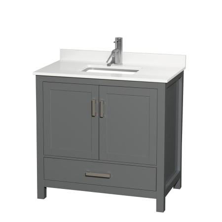 A large image of the Wyndham Collection WCS141436S-QTZ-UNSMXX Dark Gray / White Quartz Top / Brushed Chrome Hardware