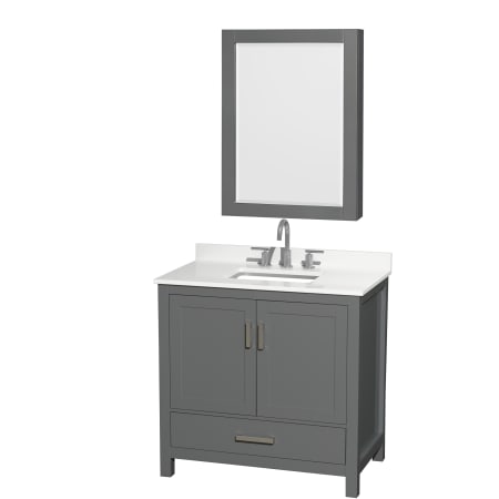 A large image of the Wyndham Collection WCS141436S-QTZ-US3MED Dark Gray / White Quartz Top / Brushed Chrome Hardware