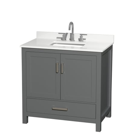 A large image of the Wyndham Collection WCS141436S-QTZ-US3MXX Dark Gray / White Quartz Top / Brushed Chrome Hardware