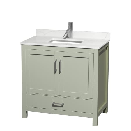 A large image of the Wyndham Collection WCS141436S-QTZ-UNSMXX Light Green / Giotto Quartz Top / Brushed Nickel Hardware