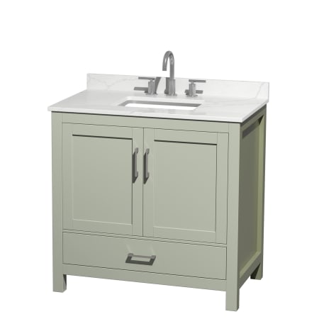 A large image of the Wyndham Collection WCS141436S-QTZ-US3MXX Light Green / Giotto Quartz Top / Brushed Nickel Hardware