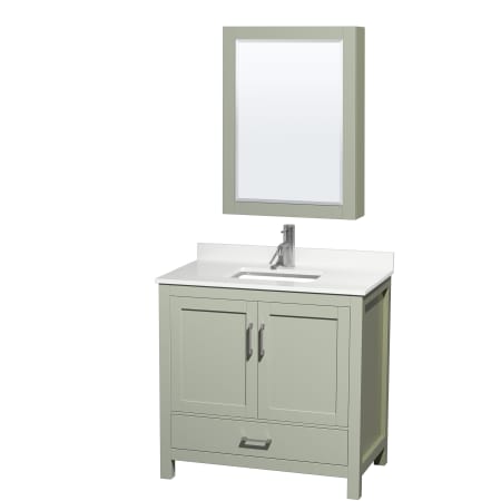 A large image of the Wyndham Collection WCS141436S-QTZ-UNSMED Light Green / White Quartz Top / Brushed Nickel Hardware