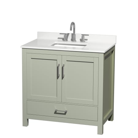 A large image of the Wyndham Collection WCS141436S-QTZ-US3MXX Light Green / White Quartz Top / Brushed Nickel Hardware