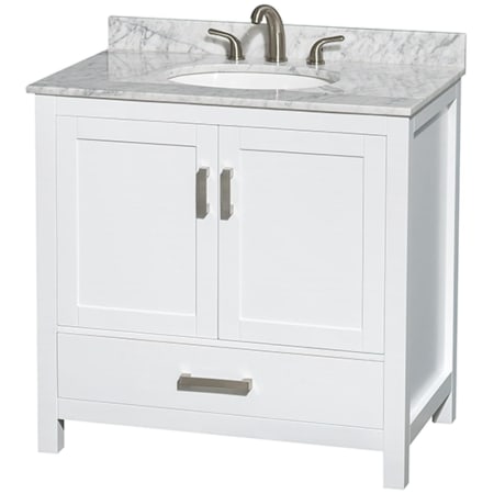 A large image of the Wyndham Collection WCS141436SUNOMXX White / White Carrara Marble Top / Brushed Chrome Hardware