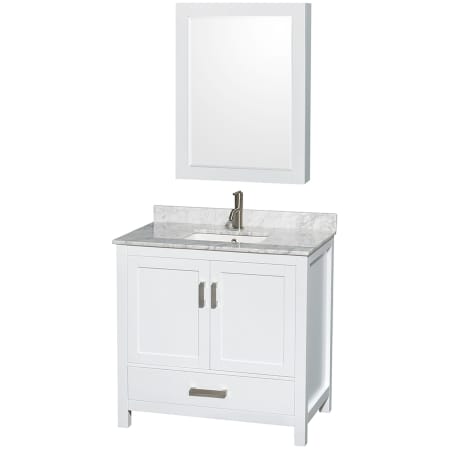 A large image of the Wyndham Collection WCS141436SUNSMED White / White Carrara Marble Top / Brushed Chrome Hardware