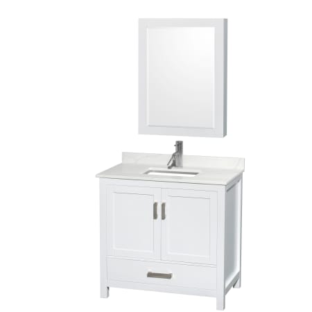 A large image of the Wyndham Collection WCS141436S-QTZ-UNSMED White / Giotto Quartz Top / Brushed Chrome Hardware