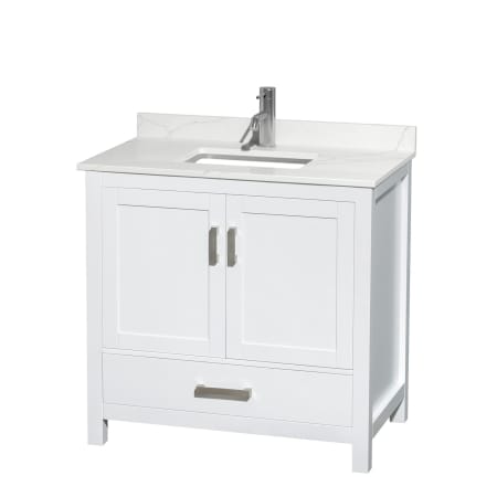 A large image of the Wyndham Collection WCS141436S-QTZ-UNSMXX White / Giotto Quartz Top / Brushed Chrome Hardware