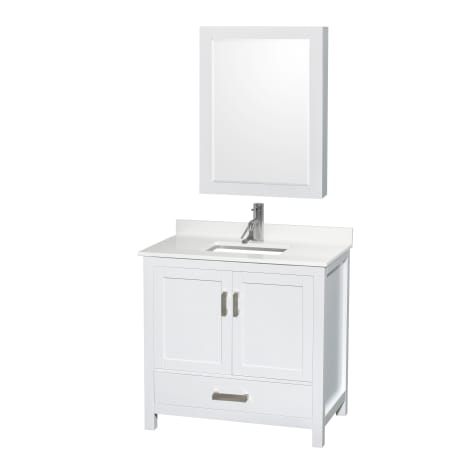 A large image of the Wyndham Collection WCS141436S-QTZ-UNSMED White / White Quartz Top / Brushed Chrome Hardware