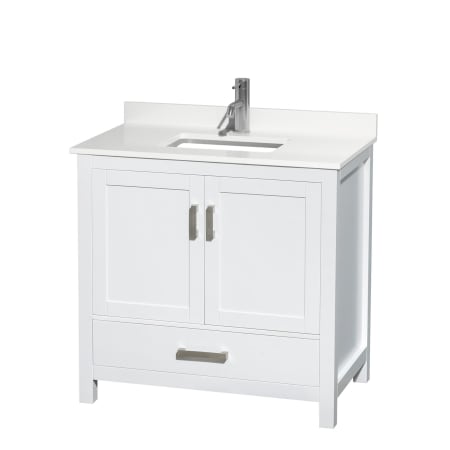 A large image of the Wyndham Collection WCS141436S-QTZ-UNSMXX White / White Quartz Top / Brushed Chrome Hardware