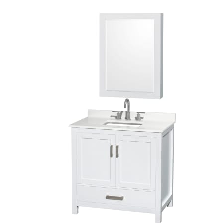 A large image of the Wyndham Collection WCS141436S-QTZ-US3MED White / White Quartz Top / Brushed Chrome Hardware