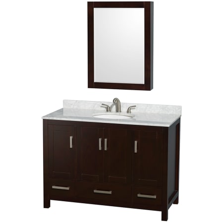 A large image of the Wyndham Collection WCS141448SUNOMED Espresso / White Carrara Marble Top / Brushed Chrome Hardware