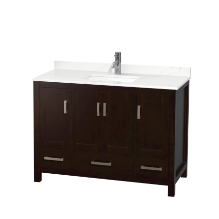 A large image of the Wyndham Collection WCS141448S-QTZ-UNSMXX Espresso / Giotto Quartz Top / Brushed Chrome Hardware