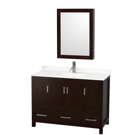 A large image of the Wyndham Collection WCS141448S-QTZ-UNSMED Espresso / White Quartz Top / Brushed Chrome Hardware