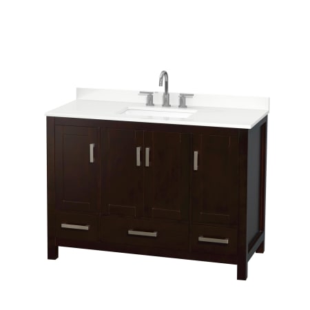 A large image of the Wyndham Collection WCS141448S-QTZ-US3MXX Espresso / White Quartz Top / Brushed Chrome Hardware