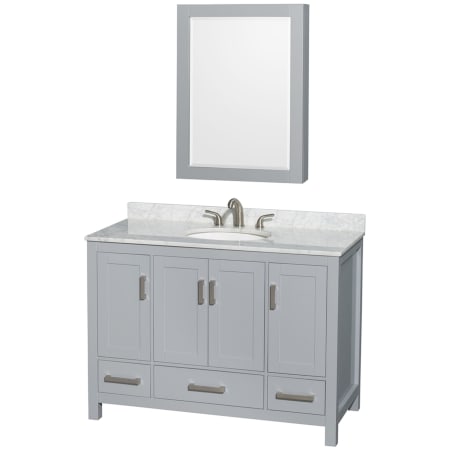 A large image of the Wyndham Collection WCS141448SUNOMED Gray / White Carrara Marble Top / Brushed Chrome Hardware