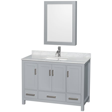 A large image of the Wyndham Collection WCS141448SUNSMED Gray / White Carrara Marble Top / Brushed Chrome Hardware