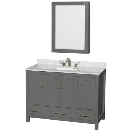 A large image of the Wyndham Collection WCS141448SUNOMED Dark Gray / White Carrara Marble Top / Brushed Chrome Hardware