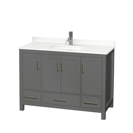 A large image of the Wyndham Collection WCS141448S-QTZ-UNSMXX Dark Gray / White Quartz Top / Brushed Chrome Hardware