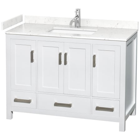A large image of the Wyndham Collection WCS141448S-VCA-MXX White / Carrara Cultured Marble Top / Brushed Chrome Hardware