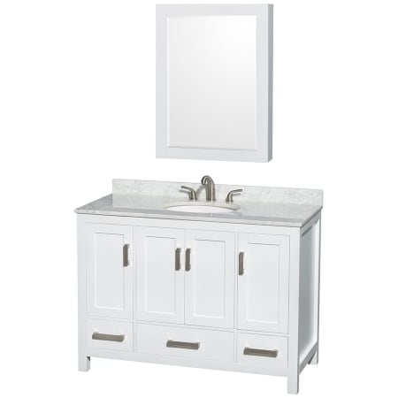 A large image of the Wyndham Collection WCS141448SUNOMED White / White Carrara Marble Top / Brushed Chrome Hardware