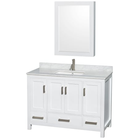 A large image of the Wyndham Collection WCS141448SUNSMED White / White Carrara Marble Top / Brushed Chrome Hardware