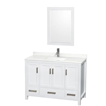 A large image of the Wyndham Collection WCS141448S-QTZ-UNSM24 White / Giotto Quartz Top / Brushed Chrome Hardware