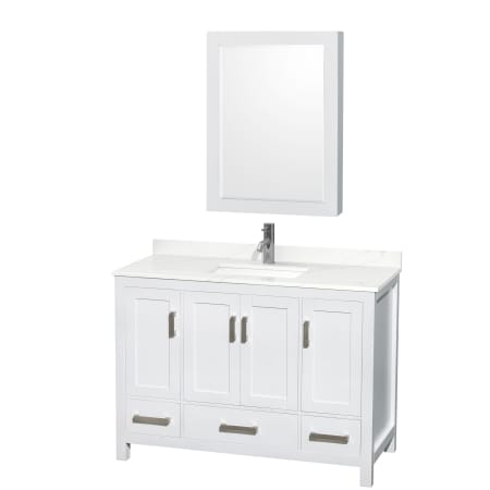 A large image of the Wyndham Collection WCS141448S-QTZ-UNSMED White / Giotto Quartz Top / Brushed Chrome Hardware